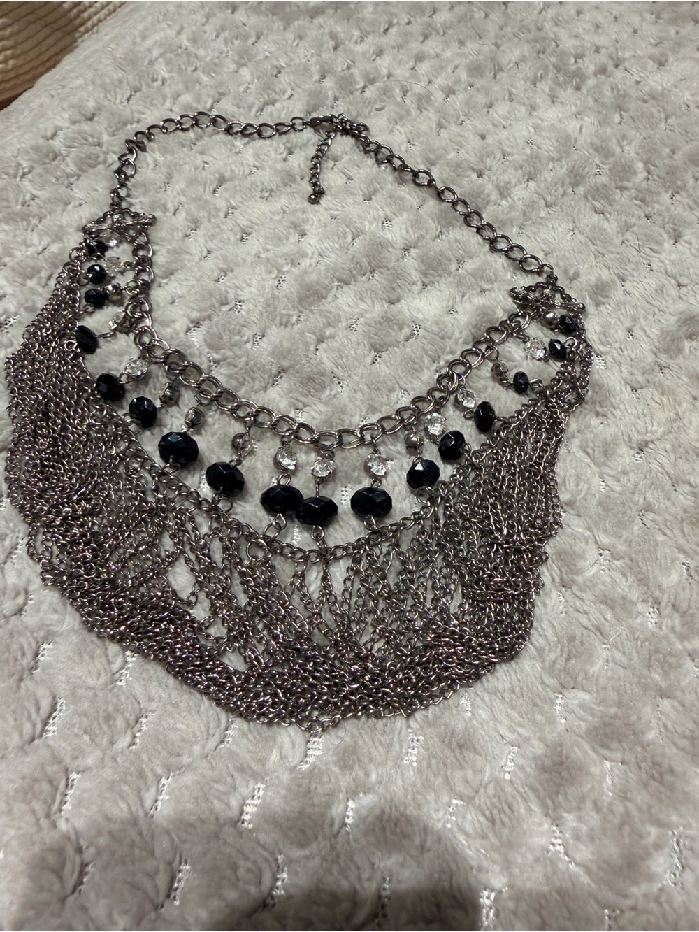 Statement Silver-Tone Fringe Necklace with Black Beads